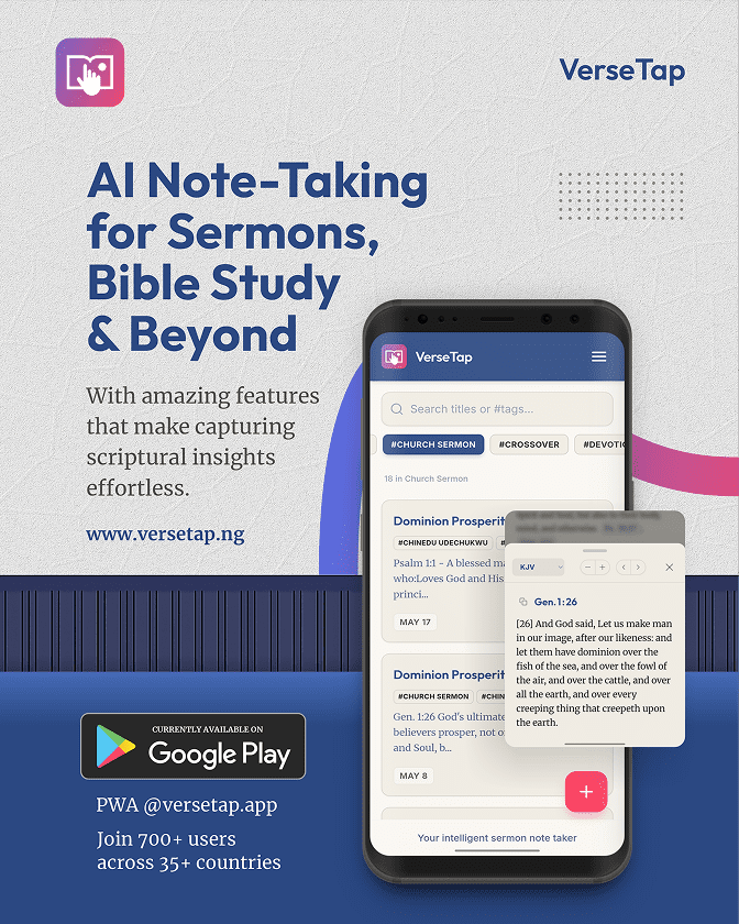 VerseTap app showing sermon notes with an instant scripture reference lookup popup"