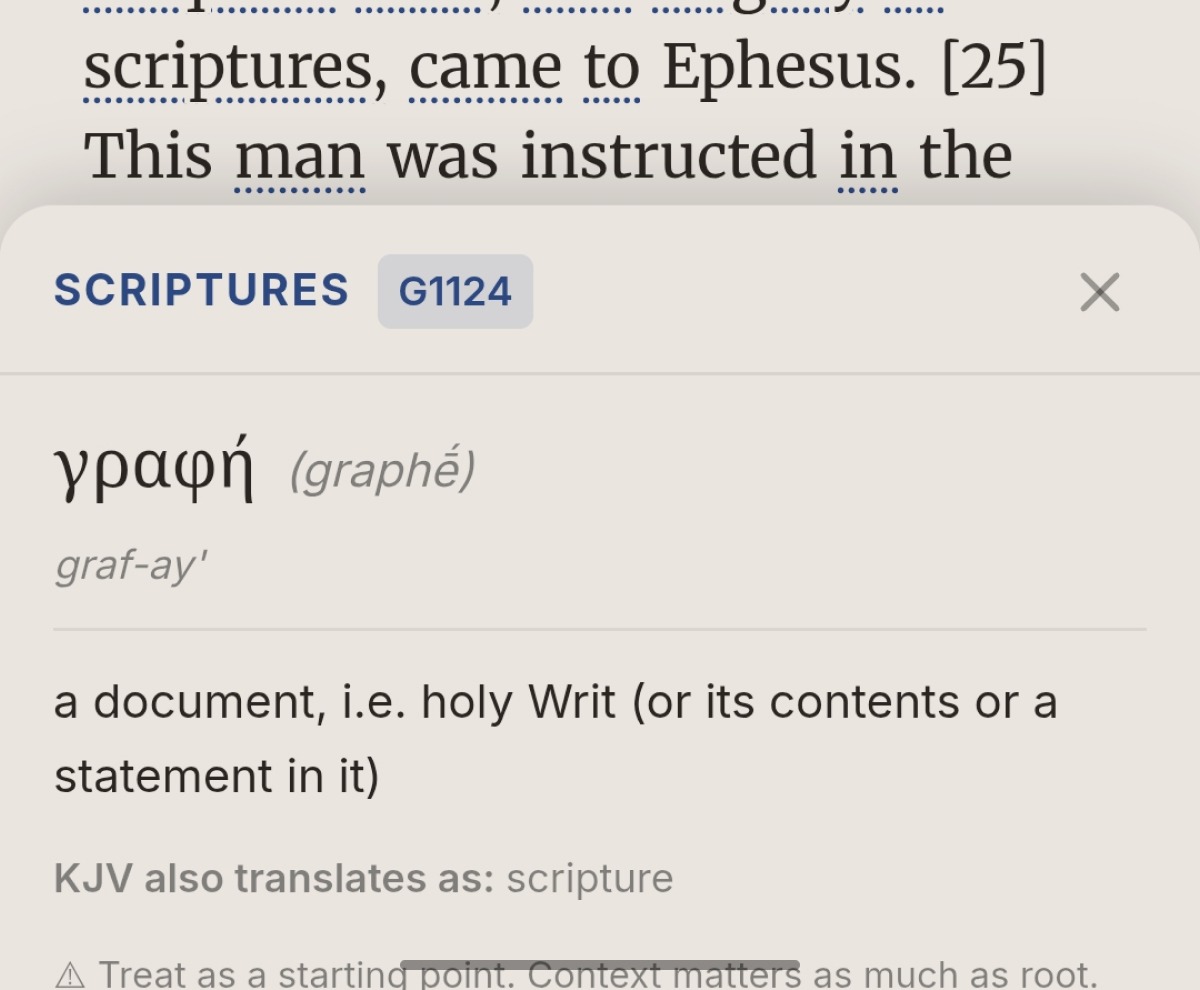 VerseTap Strong's Concordance panel for γραφή (G1124), pronunciation and definition