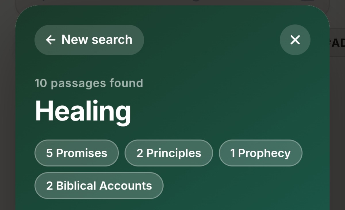 VerseTap Scripture Counsel results for Healing, classified into Promises, Principles, Prophecy
