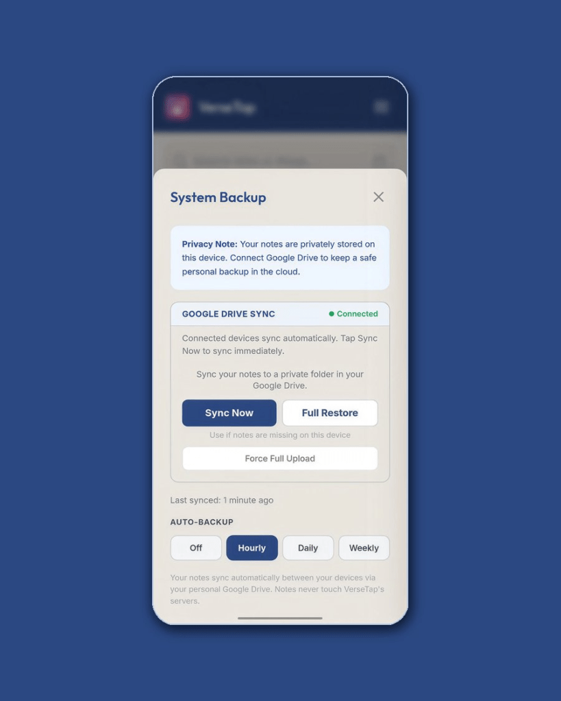 VerseTap Drive backup connected indicator in sermon notes app