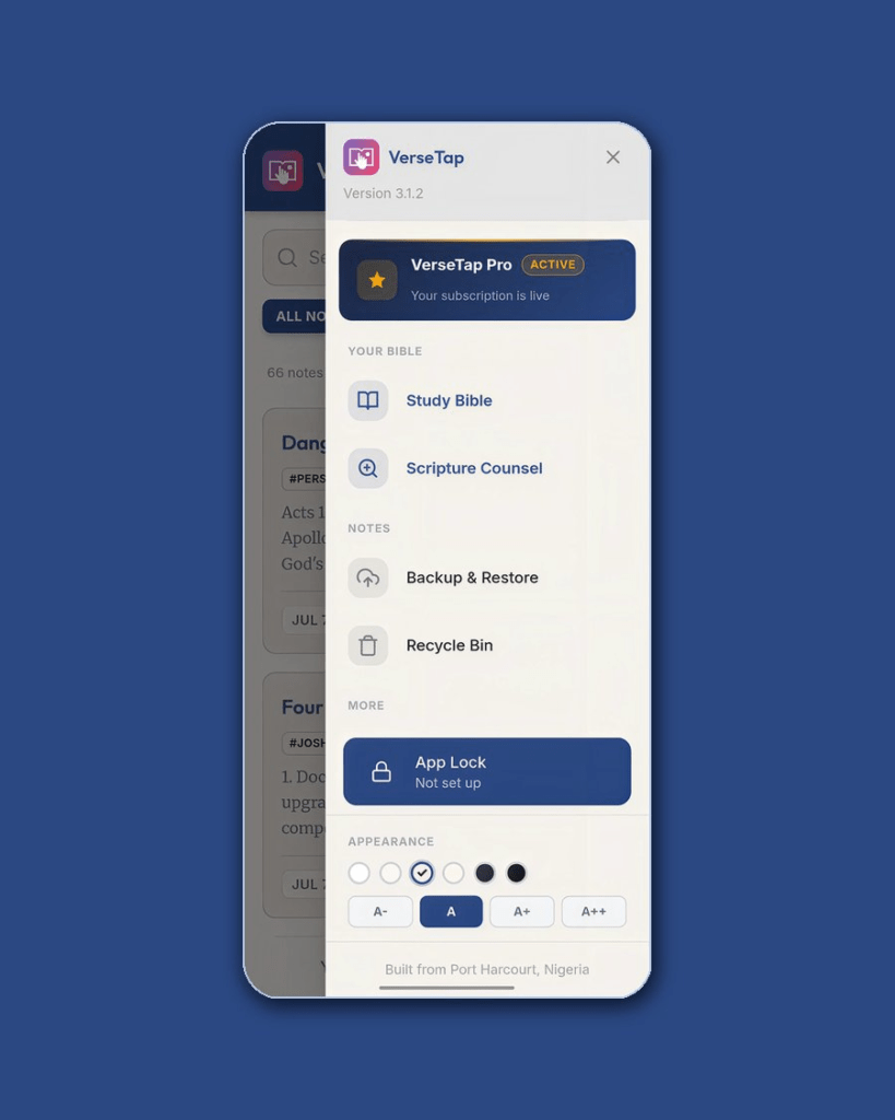 VerseTap Pro active badge in sermon notes app drawer