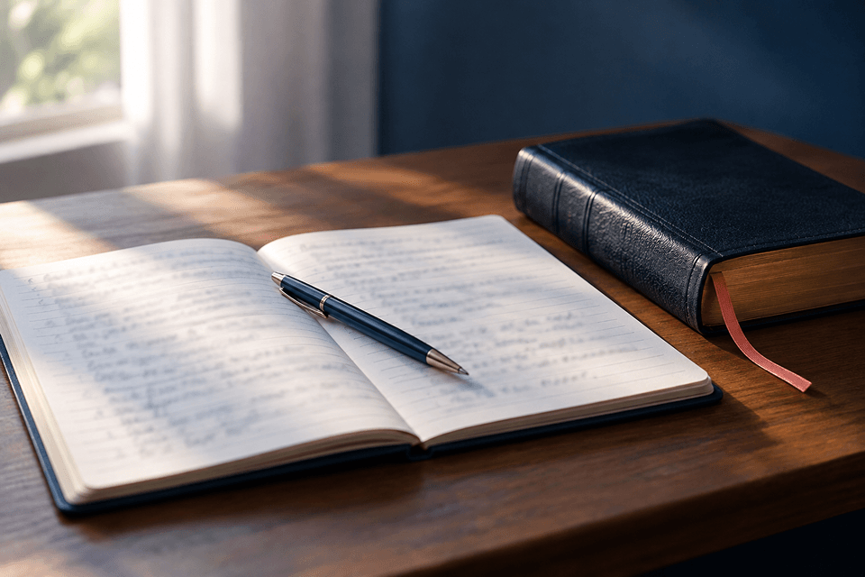 Spiritual Accountability: An open notebook and pen beside a closed Bible on a wooden desk in morning light